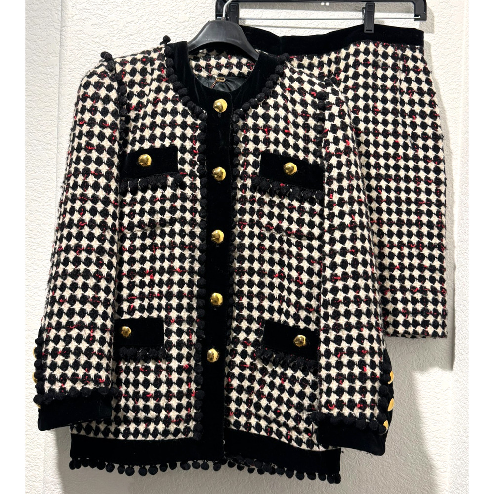 Vtg Escada Wool Black White Houndstooth Blazer Skirt Set Pompoms Sz 34 Velvet S